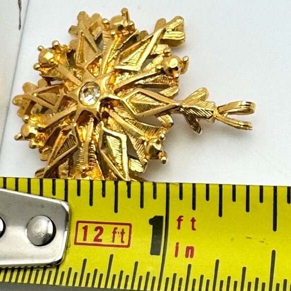 Gold Snowflake Pendant Clear Crystal Center 1 3/8 Inches Elegant Jewelry Design - Picture 4 of 6
